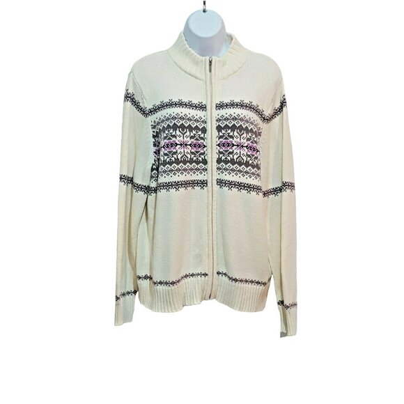 Vintage Cardigan Sweater XL Ivory Nordic Fair Isle Snowflake Zip Up Grandpa - Picture 3 of 9